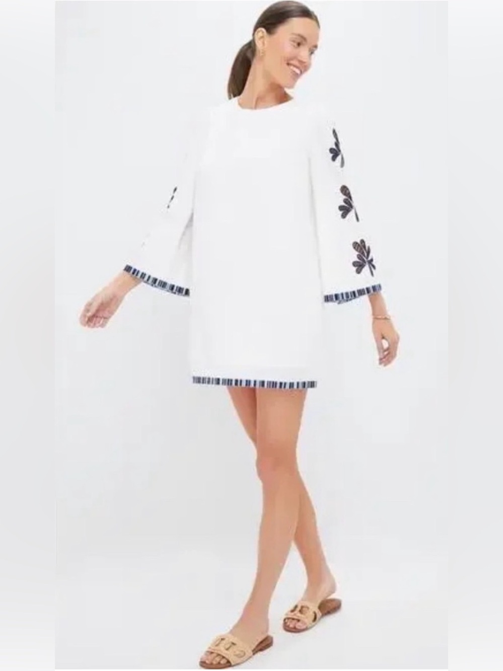 White Mini Shift Dress with Navy Floral Sleeve Embroidery